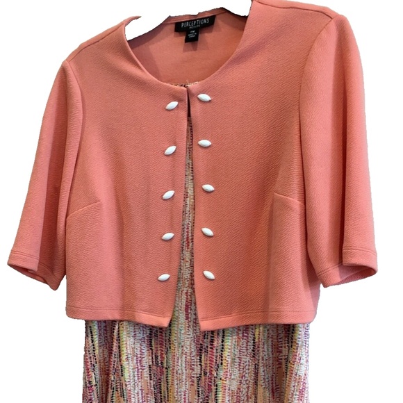 Perceptions Petite Women's 2 Piece Peach Combo Sleeveless Dress & Cardigan PM - Picture 2 of 13